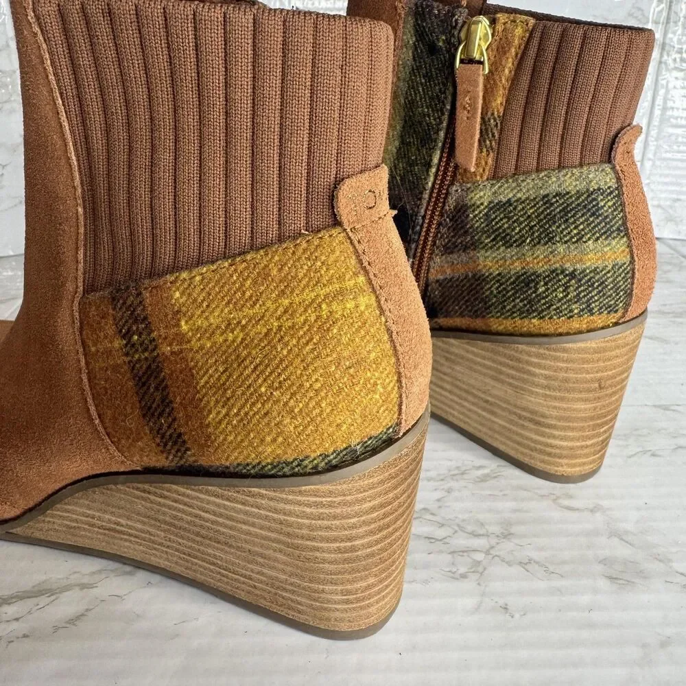 TOMS Boots Womens Size 9 Brown Suede‎ Wedge Ankle Booties Plaid Panel Side Zip